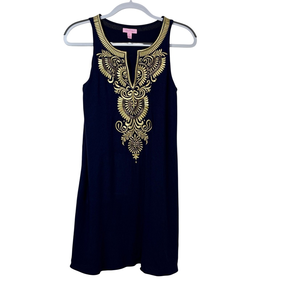 Lilly Pulitzer Shift Dress XS Navy Blue Gold Embroidered Excellent